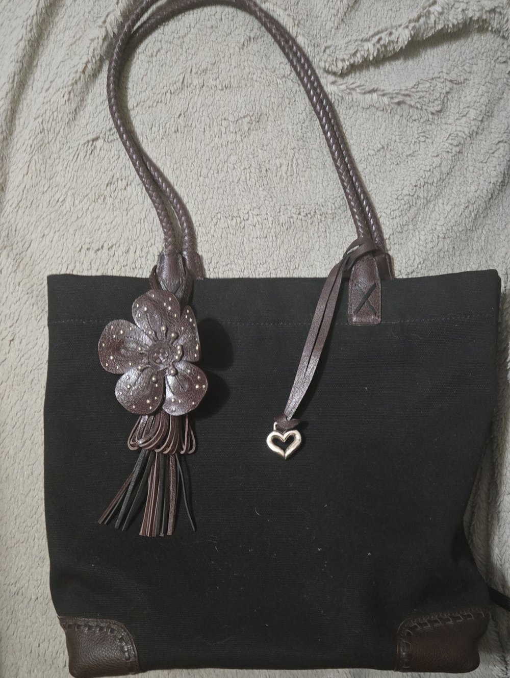 Brighton Classic Black Canvas Tote with Dark Brown Leather Studded Flower Charm
